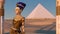 Queen Nefertiti in front of the great pyramid of Giza and a view of the desert in the ancient temple. Historical animation. The