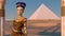 Queen Nefertiti in front of the great pyramid of Giza and a view of the desert in the ancient temple. Historical animation. The