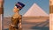 Queen Nefertiti in front of the great pyramid of Giza and a view of the desert in the ancient temple. Historical animation. The