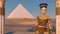 Queen Nefertiti in front of the great pyramid of Giza and a view of the desert in the ancient temple. Historical animation. The