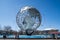 Queens, NY - April 3, 2021: View of the Unisphere, a spherical stainless steel representation of the Earth. Designed by Gilmore D