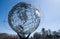 Queens, NY - April 3, 2021: View of the Unisphere, a spherical stainless steel representation of the Earth. Designed by Gilmore D