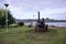 QUELLON. Old steam engine in a coastal garden in Quellon, a fishing town on the Island of Chiloe in southern Chile.