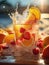 Quenching summer thirst: vibrant fruity drinks on ice, a refreshing blend of citrus, tropical flavors, and coolness for