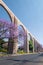 Queretaro Mexico aqueduct with jacaranda tree and purple flowers