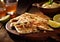 Quesadillas with cheese and chicken on table with limes.Macro.AI Generative