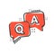 Question and answer icon in comic style. Discussion speech bubble vector cartoon illustration pictogram. Question, answer business