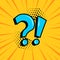 Question mark and exclamation point, blue signs on yellow comic banner in pop art style. Vector