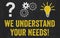 Question Mark, Gears, Light Bulb Concept - We understand your ne