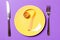 Question mark made of measuring tape on round plate on purple background. Top view of hesitation and diet concept