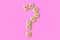 Question mark made of wooden letter blocks on pink background - Concept of listening and support to women
