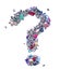 The question mark symbol made out of gems and blue silver colored metallic rocks on a white background.