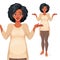 Questioning black pregnant woman shrugging shoulders. Isolated vector illustration.