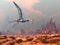 Quetzalcoatlus flying upon a canyon by sunset - 3D render