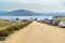 Queue of cars to ferry between the mainland and the island of Olkhon. Lake Baikal, Russia