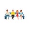 Queue of four people sitting on blue bench. Cartoon character of young men and women. Colorful flat vector design