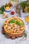 Quiche open tart pie with chicken meat, forest mushrooms, onion and cheese