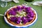 quiche pie with cauliflower, cod, on the decor purple cabbage with olive oil.