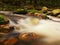 Quick foamy stream in motion over big mossy boulders. Mountain river with dark cold water, autumn is coming.