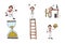 Quick hand drawing businessman set. Running on sand watch, standing on top of wooden ladder, sleeping at computer desk, holding