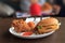 Quick lunch select focus blur background, Select focus fried chicken with blur background, Close-up fried chicken and burger