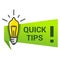 Quick tips icon with lightbulb, exclamation mark. Lifehack, useful information, message, advice sign.