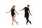 Quickstep. Dynamic portrait of young emotive dancers in black outfits dancing ballroom dance isolated on white