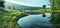 Quiet backwater of river on the background of forest slope.