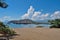 Quiet bay in the area of the historic ruins of the city of Phaselis, beautiful sea, green vegetation, ships and yachts in anchorag