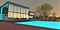 Quiet calm environment near the swimming pool in front of the stylish mansion glass facade reflecting the night lights of the