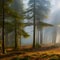 A quiet forest with a misty fog and sun rays filtering through the trees1, Generative AI