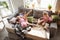 Quiet little girls playing in a bedroom in cute pajamas, home style and comfort, taking a photo, having fun