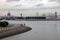 Quiet morning in St. Petersburg. View across the Neva river to Vasilievsky island, the exchange building and Rostral columns.