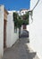 Quiet narrow typical winding narrow alley in rhodes town with white houses and flowers against a blue summer sky