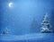 Quiet night snowfall in a pine forest. The moon in the night sky. Snowflakes swirl in the moonlight. Christmas night