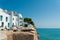 Quiet PeÃ±Ã­scola mediterranean town summer lanscape with intense blue sea in spanish costa brava town of on a sunny day with