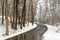 Quiet rural winding, curved road in Winter snow