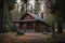 a quiet and serene log cabin surrounded by tall trees