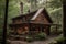 a quiet and serene log cabin surrounded by tall trees