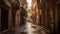 Quiet wet street alley with Mediterranean european residential architectural