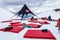 Quiksilver Camp is a winter mountain sports and entertainment activity for skiers and snowboarders. People relaxing apres ski on