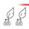 Quill in ink stand line vector icon. Feather pen and inkwell.