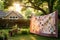 quilt hanging on a clothesline in a peaceful garden