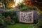 quilt hanging on a clothesline in a peaceful garden