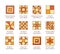 Quilt sewing pattern. Log cabin, pinwheel tiles. Quilting & patchwork blocks from fabric squares, triangles. Vector flat colorful