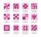 Quilt sewing pattern. Log cabin, pinwheel tiles. Quilting & patchwork fabric blocks with polka dot. Vector flat pink icon set.