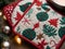 A Quilted Christmas Table Runner With A Candle. Generative AI