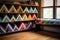 quilts folded and stacked on a wooden shelf