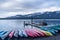 Quinault, WA - USA -Sept. 2e, 2021: An early morning horizontal view of the waterfront at Lake Quinault Lodge in Olympic National