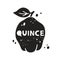 Quince grunge sticker. Black texture silhouette with lettering inside. Imitation of stamp, print with scuffs